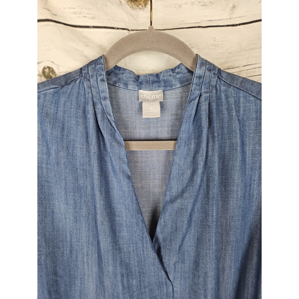 Chico's Chambray Denim Embroidered Tencel Top 3 Womens 16/18 Popover Boho - Picture 2 of 9